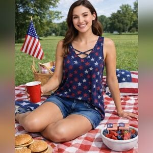 NWT Celebrate Together Women's Star Print Tank Top - Blue and Red Size XL